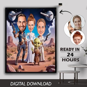 Caricatura familiar de astronauta personalizada Viajero espacial Cósmico Estelar Galáctico Viajero espacial Orbitando Nebulosa Arte astrolunar Foto digital Dibujos animados