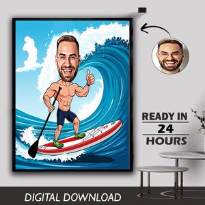 Niestandardowa karykatura surfera Portret Wodny Surfing Sportowy Gracz Unikalny Projekt Mężczyzna Surfer Zdjęcie do Kreskówki Prezent Urodzinowy Cyfrowe Pobieranie