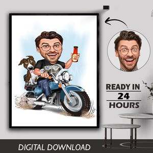 Caricatura personalizada de hombre divertido montando retrato Foto a caricatura Descarga digital Caricatura Regalo de cumpleaños