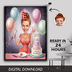 New Female Birthday Caricature Gift Custom Personalized Illustration Unique Milestone Celebration Fun Memorable Keepsake Create for any age