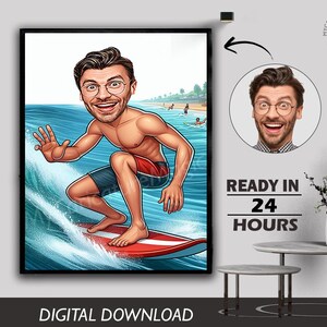 Custom Caricature of surfer Portrait Water Surfing Sports Player Unique Design Male Surfer Photo to Cartoon Birthday Gift Digital Download