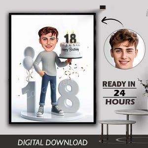 Boys Male 18th Birthday Caricature Gift Custom Personalized Illustration Unique Milestone Celebration Fun & Memorable can Create for any age