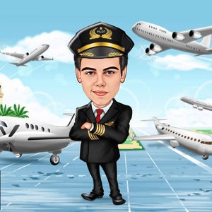 Pilot Airport Traveling Tour Exploring Airplane Travel Abenteuer Reise Reise Porträt Karikatur Design Geburtstagsgeschenk