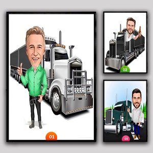 Benutzerdefinierte LKW-Fahrer-Karikatur Perfektes personalisiertes Geschenk für Fernfahrer Einzigartiges Karikatur-Porträt einschließlich digitalem Download-Foto zur Karikatur