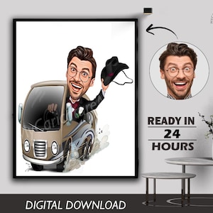 Personalized Caricature of Funny Man travel in a van Portrait Photo to Cartoon Digital Download Caricature Birthday Gift