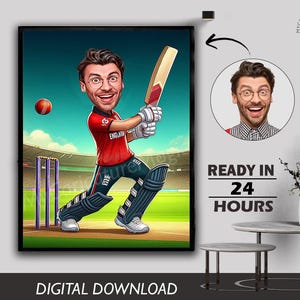 Male Boys Cricket Player Caricature Cartoon Portrait Cricket Coach Gift for Athlete Sportsman, Baseball Cartoon, Custom Cartoon, Funny Gift