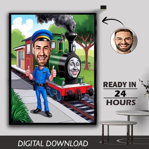 Benutzerdefinierte Karikatur männlicher Lokführer Ticketsammler Polizist Cartoon vom Foto Geschenk für Geburtstag, Jubiläum oder besonderen Anlass