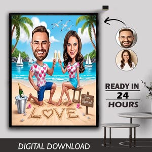 Custom Beach Love Couple Caricature Cartoon Portrait Partners Wedding Couple Gift Love Day Happy Married Male Female Romantic Unique Cartoon