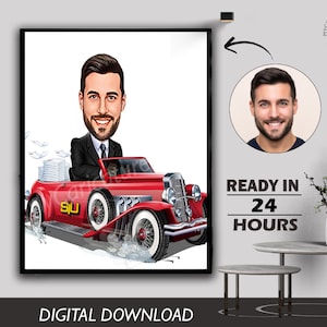 Custom Business Man with Luxury Car Caricature - Personalized Executive Portrait Gift for Him. Success Celebration, Luxury Lifestyle Art