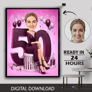 50th Birthday Caricature Gift Custom Personalized Illustration Unique Milestone Celebration Fun & Memorable Keepsake can Create for any age