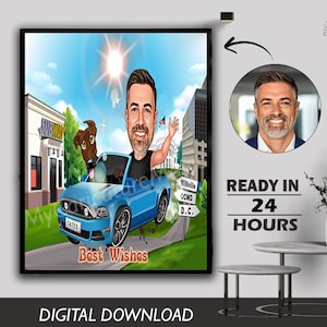 Custom Business Man with Luxury Car Caricature - Personalized Executive Portrait Gift for Him. Success Celebration, Luxury Lifestyle Art