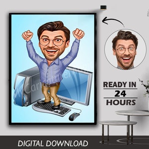 Caricatura de ingeniero informático personalizada: retrato de dibujos animados de gerente de TI personalizado, regalo de ingeniero divertido y único, descarga digital de dibujos animados