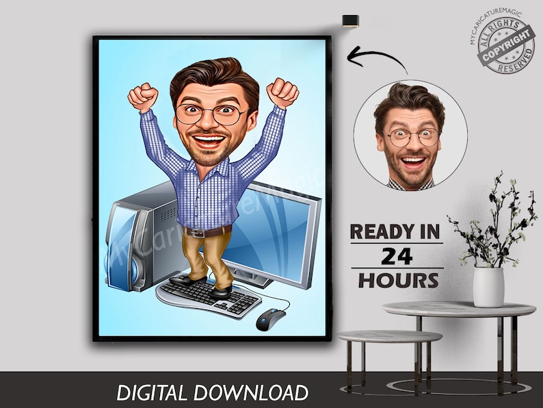 May include: A digital illustration of a cartoon man in a blue checked shirt and khaki trousers standing on a computer keyboard. He is raising his arms in the air and smiling. The image is set against a blue background with a computer monitor and a computer tower. The text "READY IN 24 HOURS" is displayed below the image.