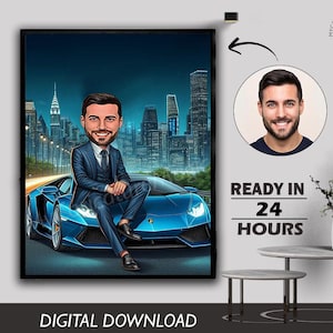 Male Boys Business Man with Luxury Car Caricature Personalized Executive Portrait Gift for Him. Success Celebration Luxury Lifestyle Art