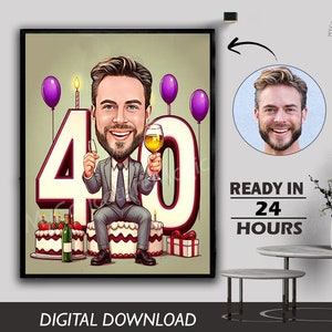 40th Birthday Personalized Caricature Gift Custom Illustration Unique Milestone Celebration Fun & Memorable Keepsake can Create for any age