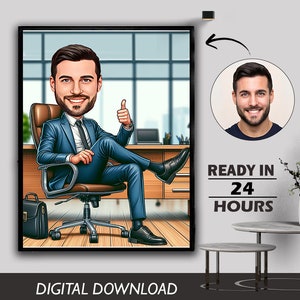 Caricature de bureau personnalisée : dessin humoristique unique et hilarant sur le thème du bureau, parfait pour une décoration de bureau ou un cadeau de photo à dessin animé