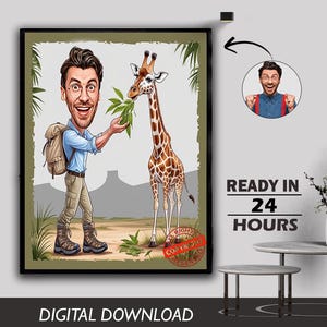 Custom Male Jungle Caricature Animal Lover Picnic Party Outing Enjoying Hiking Outdoor tour Photo to Cartoon Digital Download Birthday Gift