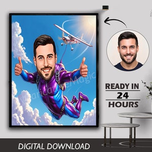 Personalized Caricature of Skydiver Photo to Cartoon Portrait Skydiving Caricature Drawing from Photo Skydiver Caricature Birthday Gift