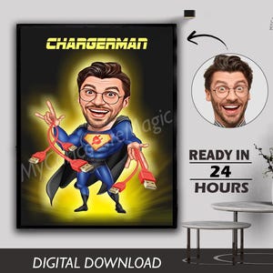 Caricatura personalizada de homem em caricatura de super-herói - Desenho animado personalizado a partir de foto, presente exclusivo para aniversário, aniversário