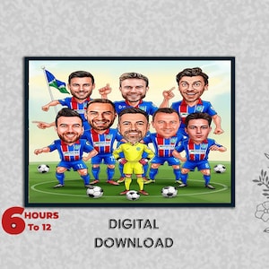 Caricatura grupal del equipo de fútbol masculino personalizado, equipo de fútbol, escuela, jugadores del equipo de fútbol, equipo deportivo, alineación de fotos para descarga digital de dibujos animados