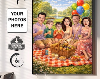 Ilustración de caricatura de picnic familiar personalizada, arte de caricatura personalizado (descarga digital)