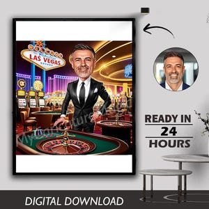 Caricatura personalizzata di un cartone animato maschile di Las Vegas da foto Uomini che giocano a carte, giocatore d'azzardo, serata fuori, club di poker, roulette, regalo, download digitale