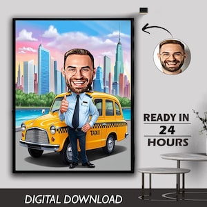 Caricatura personalizada de taxista Conductor de taxi Conductor de taxi Taxi profesional Técnico de taxi Regalo para él Retrato Caricatura Regalo