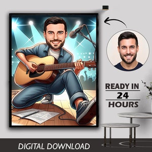 Custom Male Guitarist Cartoon Portrait, Guitarist Portrait, Gift for Guitarist, Guitarist Caricature, Custom Cartoon, Caricature from Photo