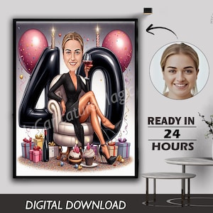 Bespoke 40th Birthday Caricature Gift Personalized Illustration Unique Milestone Celebration Fun & Memorable Keepsake can Create for any age