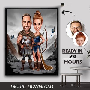 Caricatura personalizada de casal viking, masculino, feminino, conquistador, guerreiro bárbaro, aventureiro do mar, super-herói, arte, foto, desenho animado, marinheiro, download digital