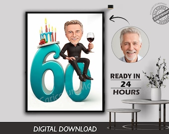 Customized 60th Birthday Caricature Gift Custom Personalized Unique Milestone Celebration Fun & Memorable Keepsake can Create for any age