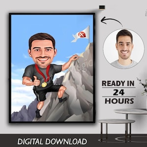 Alpiniste gagnant alpiniste grimpeur escalade explorateur montagne scaler portrait caricature Design cadeau d'anniversaire
