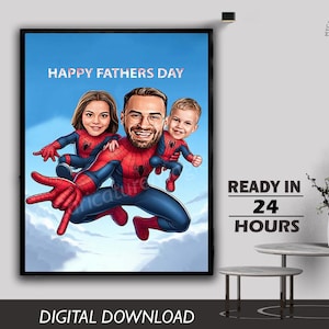 Fathers Day Superhero Spider Man Dad Family Caricature Cartoon Drawing Photo to Cartoon Dad Boy Girl Family Portrait Hand Digital Sketch New