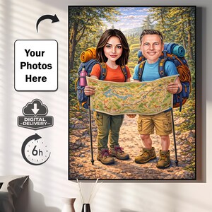 May include: A framed digital art print shows a couple hiking in a forest, consulting a map. They are dressed in hiking gear and carrying backpacks. The artwork is in a cartoon style. The print includes the text "Your Photos Here" and "Digital Delivery" with a 6-hour delivery time.