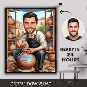 Puede incluir: Descarga digital de una caricatura enmarcada de un alfarero en el trabajo, rodeado de cerámica. La obra de arte presenta a un hombre dando forma a una olla de barro con una herramienta, usando un delantal. La imagen incluye el texto "READY IN 24 HOURS" y "DIGITAL DOWNLOAD".