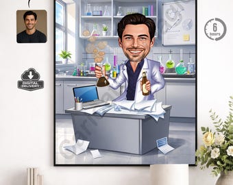 Aangepast karikatuurportret wetenschapper, gepersonaliseerd cadeau voor scheikundige, grappig digitaal kunstwerk laboratoriumcartoon