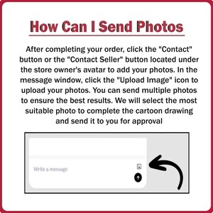May include: A screenshot of a computer screen showing instructions on how to send photos to a seller on an online marketplace. The text reads "How Can I Send Photos?" and explains that after completing an order, the buyer can click the "Contact" or "Contact Seller" button to upload photos. The text also says that multiple photos can be sent and the seller will select the best one for the order.