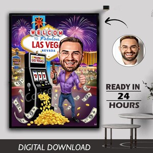 Caricatura personalizzata di un cartone animato maschile di Las Vegas da foto Uomini che giocano a carte, giocatore d'azzardo, serata fuori, club di poker, roulette, regalo, download digitale