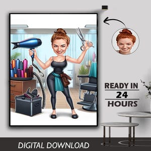 Benutzerdefinierte Friseur Karikatur Cartoon Portrait Damen Beauty Salon Kosmetikerin Mädchen Foto Lustige Haar Nägel Salon Cartoon Digitaler Download