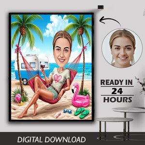 Customized Vacation Femal Caricature Art Beach Theme Caricature Art Custom Holiday Funny Beach Vacation Caricature Gifts Retirement
