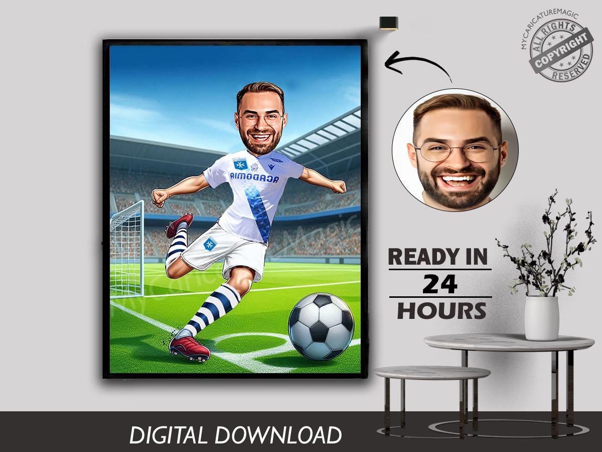 Male Football Player Coach Caricature Sports trainer Athlete Sportsman Teammate Ball Figurine Gift Soccer Photo to Cartoon Digital Download