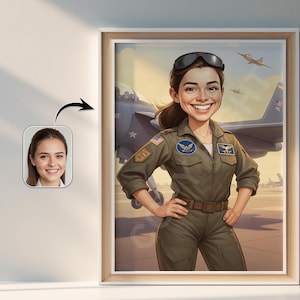 Custom Caricature Portrait from Photo, Military Aviator Pilot Cartoon, Personalized Digital Download Gift for Birthday, Graduation, Veteran