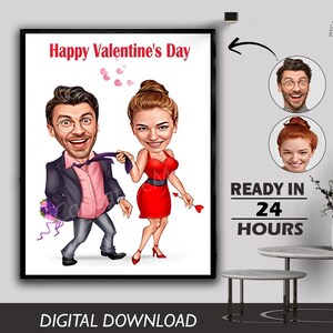 Valentine's Day Loving Couple Caricature Cartoon Portrait Love Partner Husband wife Care Heart giving Photo Digital Download Birthday Gift