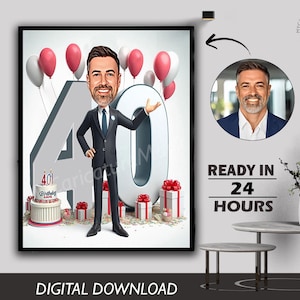 40th Tailored Birthday Caricature Gift Custom Personalized Unique Milestone Celebration Fun & Memorable Keepsake can Create for any age