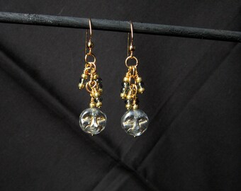 Moon Face Czech Bead Dangle Earrings with Transparent Gray Man in the Moon Face Bead, Gold Plated Stainless Steel Ear Wires {1472}