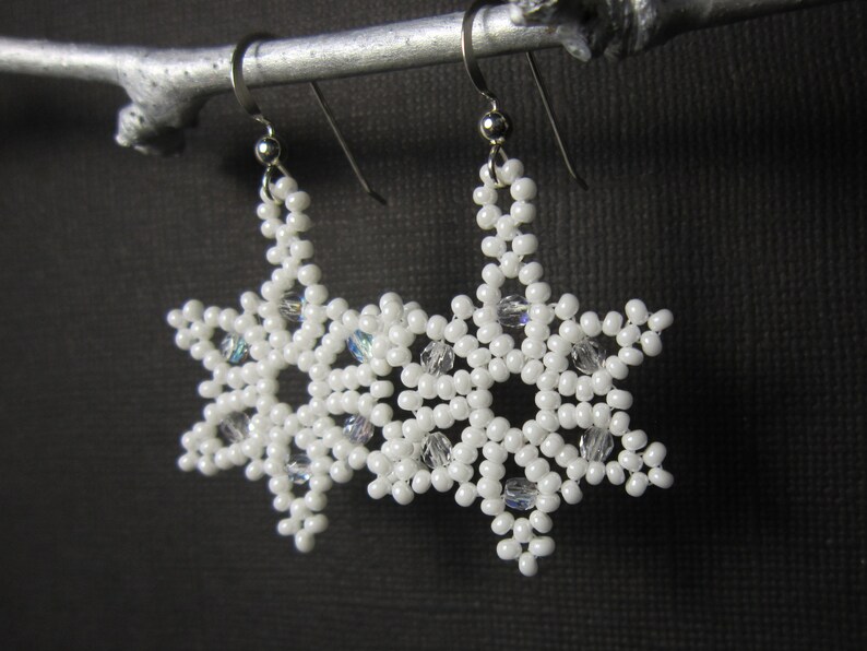 Snowflake Earrings, Seed Bead Earrings, Star Earrings, Seed Bead Snow Flake Earrings Sterling Silver Ear Wires 1186 image 5