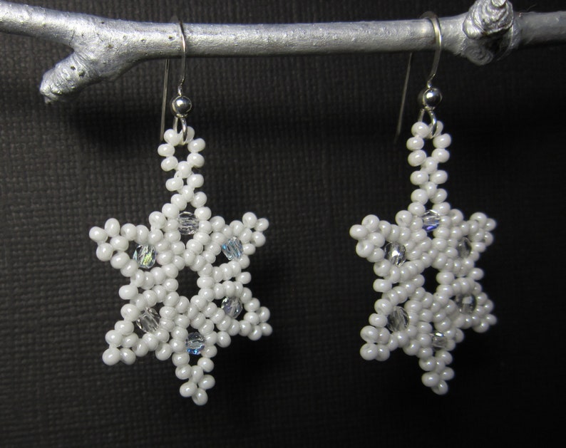 Snowflake Earrings, Seed Bead Earrings, Star Earrings, Seed Bead Snow Flake Earrings Sterling Silver Ear Wires 1186 image 2