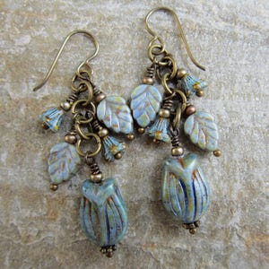 Czech Blue Picasso Tulip Earrings on Niobium Ear Wires {1688}
