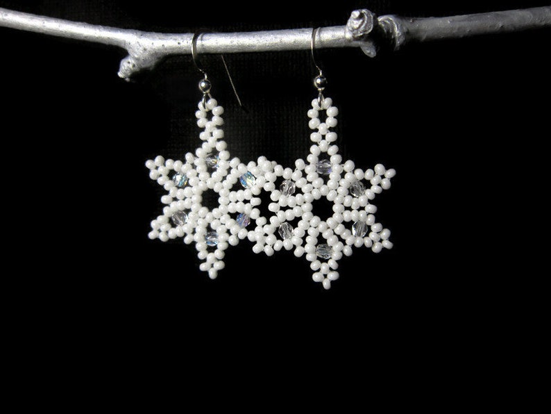 Snowflake Earrings, Seed Bead Earrings, Star Earrings, Seed Bead Snow Flake Earrings Sterling Silver Ear Wires 1186 image 9