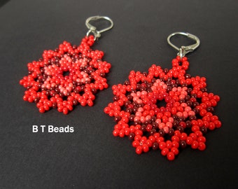 Statement Earrings Red, Coral, Dark Red Seed Bead Star Flower, Huichol Style Mandala Earrings, Stainless Steel Lever Back Ear Wires   {1032}